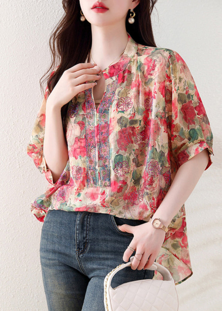 Loose Purple V Neck Print Zircon Cotton Blouses Summer