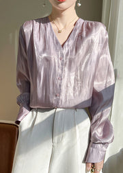 Loose Purple V Neck Solid Silk Shirt Long Sleeve