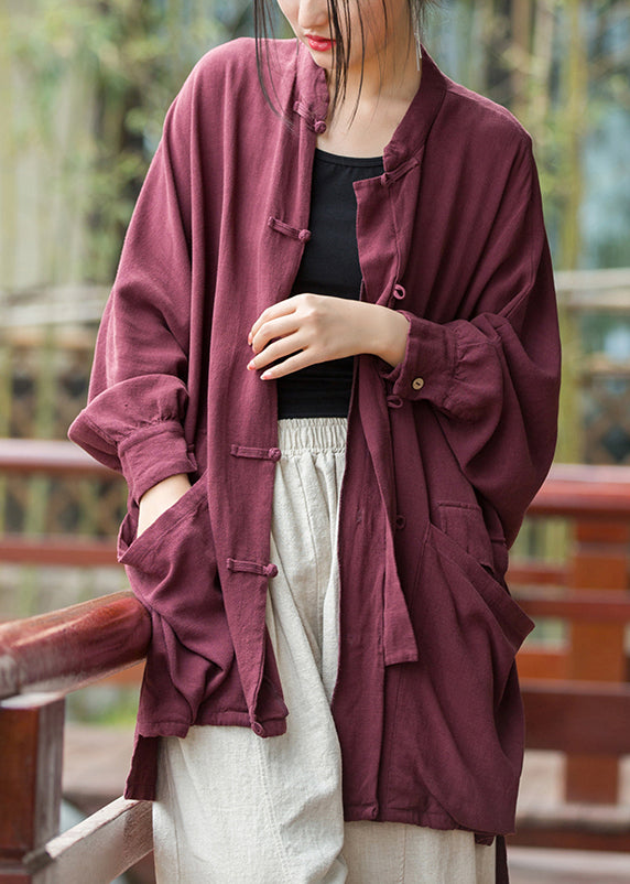 Loose Purplish Red Button Pockets Linen Coat Long Sleeve