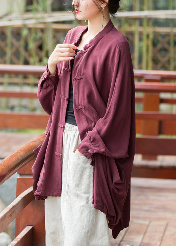 Loose Purplish Red Button Pockets Linen Coat Long Sleeve