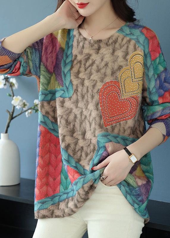 Loose Rainbow O Neck Print Patchwork Wool Knit Tops Spring