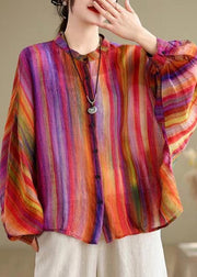 Loose Colorful Polka Dots Striped Button Linen Blouses Batwing Sleeve