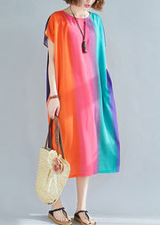 Loose Rainbow Striped O Neck Pockets Cotton Dress Summer