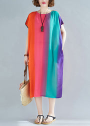 Loose Rainbow Striped O Neck Pockets Cotton Dress Summer