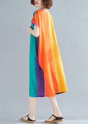 Loose Rainbow Striped O Neck Pockets Cotton Dress Summer