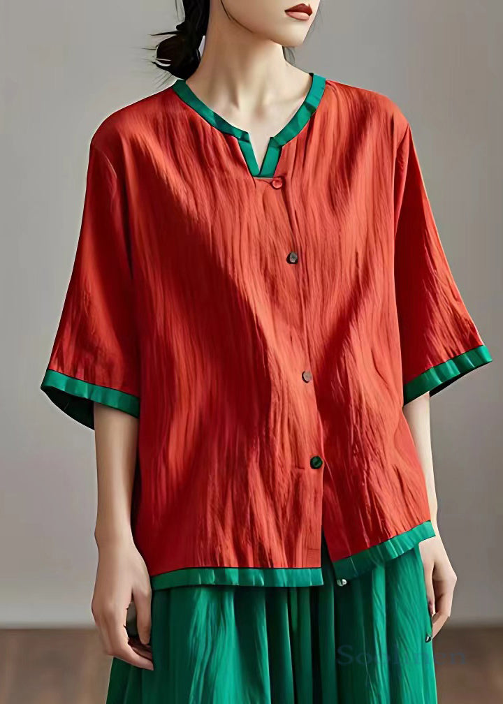 Loose Red Button Solid Cotton Blouses Half Sleeve