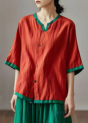 Loose Red Button Solid Cotton Blouses Half Sleeve