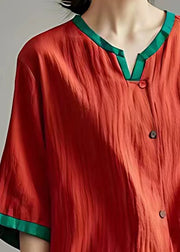 Loose Red Button Solid Cotton Blouses Half Sleeve