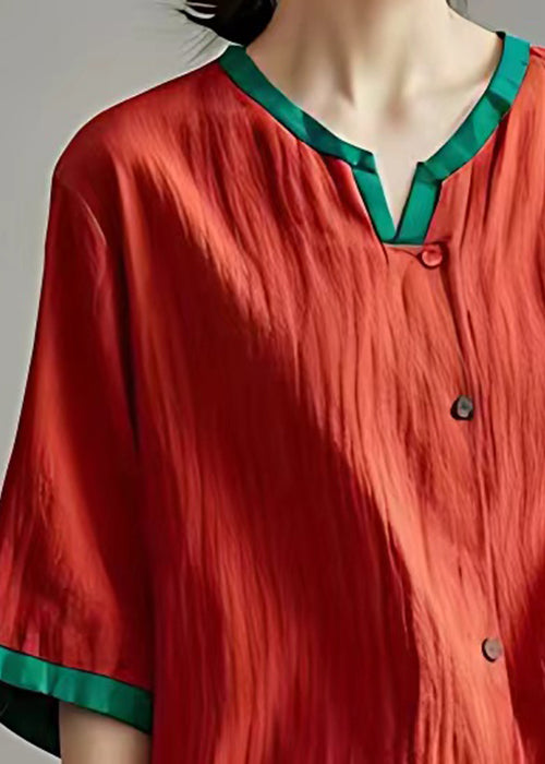 Loose Red Button Solid Cotton Blouses Half Sleeve