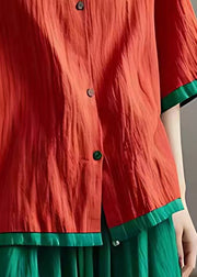 Loose Red Button Solid Cotton Blouses Half Sleeve