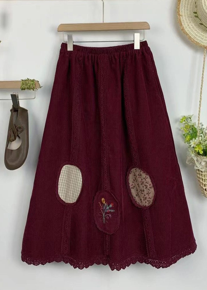 Loose Red Elastic Waist Lace Patchwork Corduroy Skirt Spring