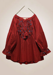 Loose Red Embroidered Lace Up Cotton Shirt Long Sleeve