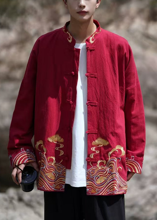 Loose Red Embroideried Button Cotton Men Coat Fall