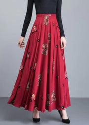 Loose Red Embroidered High Waist Patchwork Cotton Skirt Fall