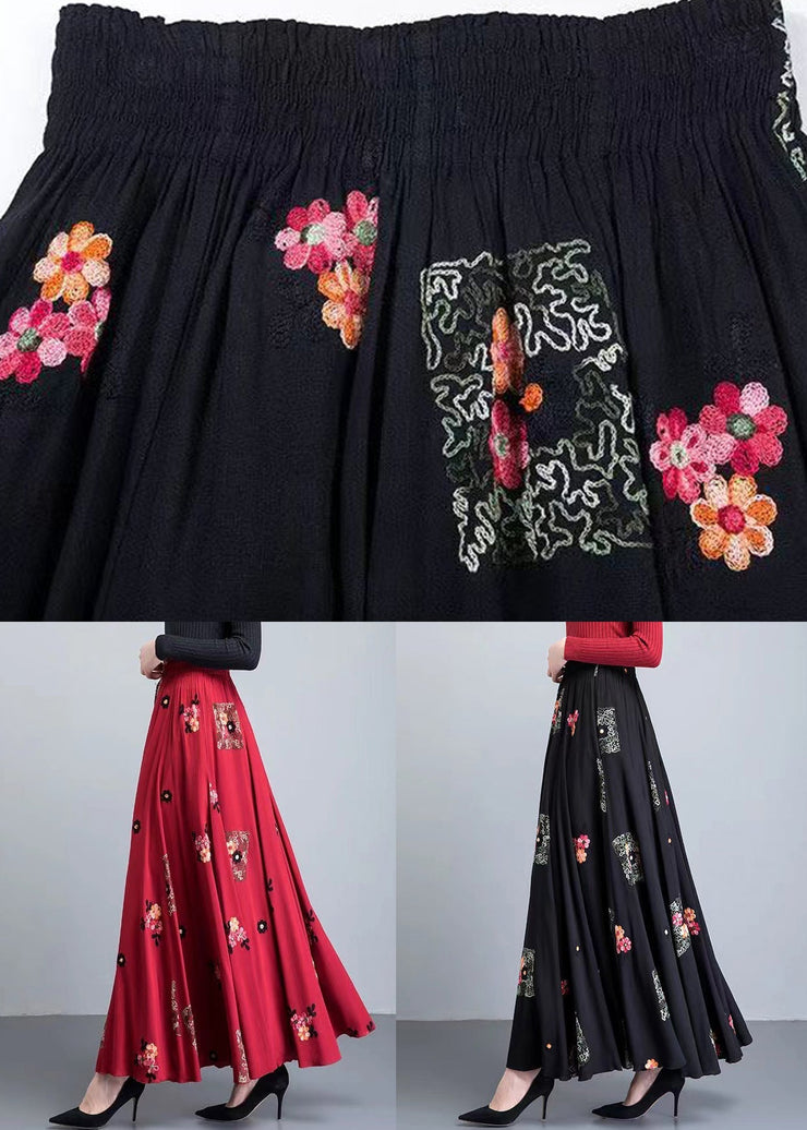 Loose Red Embroidered High Waist Patchwork Cotton Skirt Fall