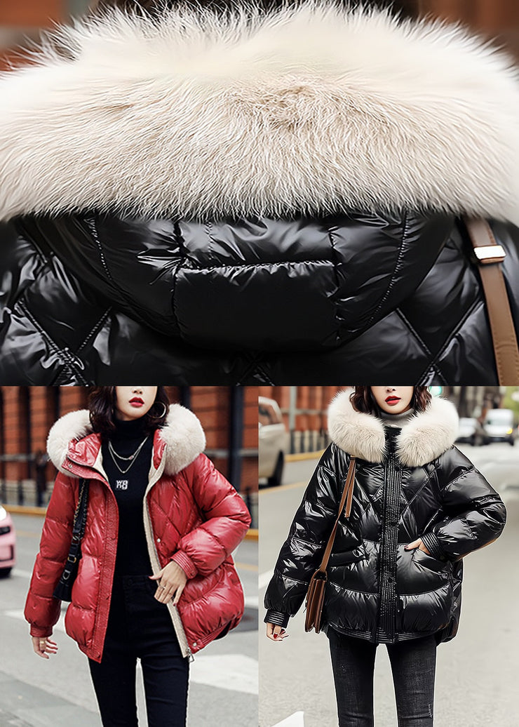 Loose Red Fur Collar Hooded Duck Down Coats Winter