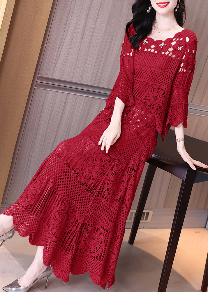 Loose Red Hollow Out Tops And Skirts Knit Two Pieces Set Flare Sleeve