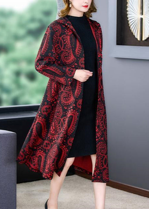 Loose Red Hooded Print Pockets Patchwork Cotton Long Coats Fall