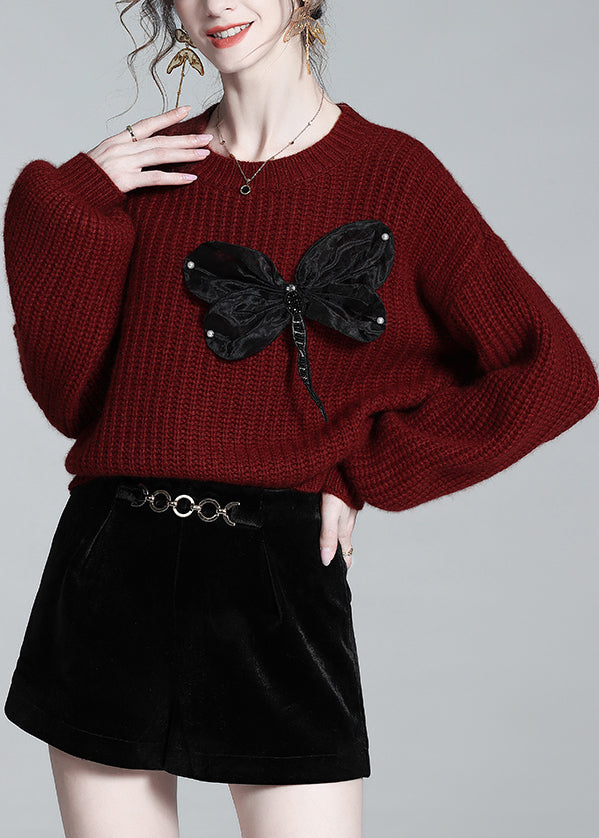 Loose Red O Neck Bow Wool Knit Sweaters Winter