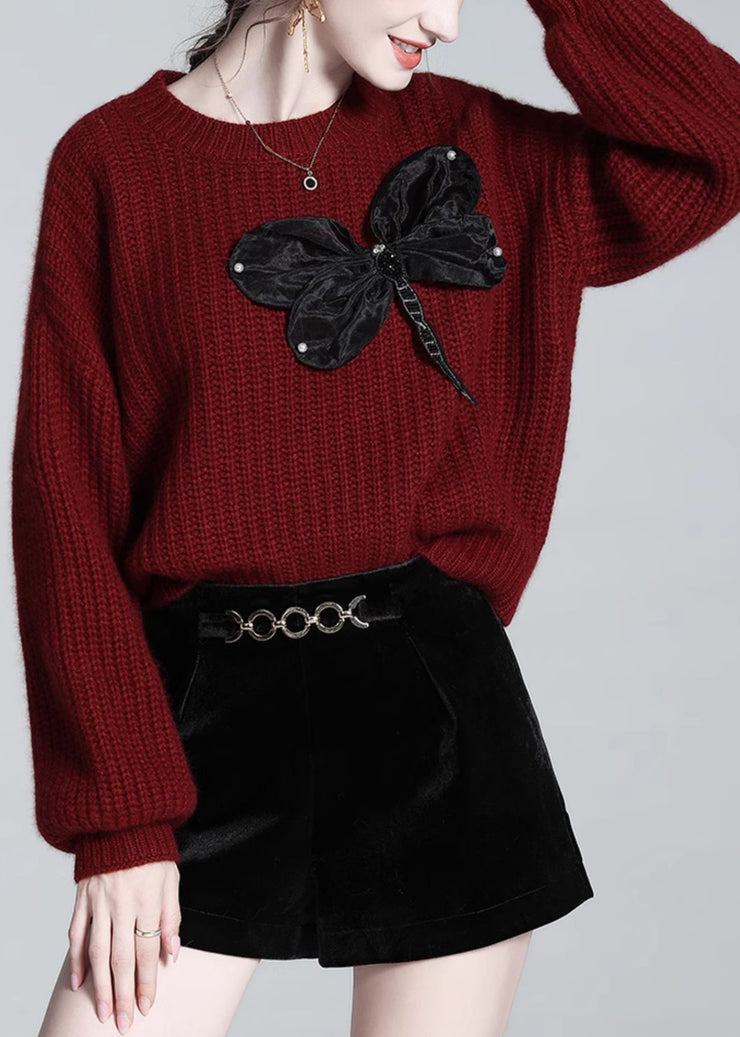 Loose Red O Neck Bow Wool Knit Sweaters Winter