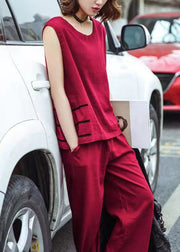 Loose Red O-Neck Patchwork Top And Crop Pants Two Piece Set Women Clothing Summer