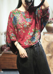 Loose Red O-Neck Print Cotton T Shirt Long Sleeve