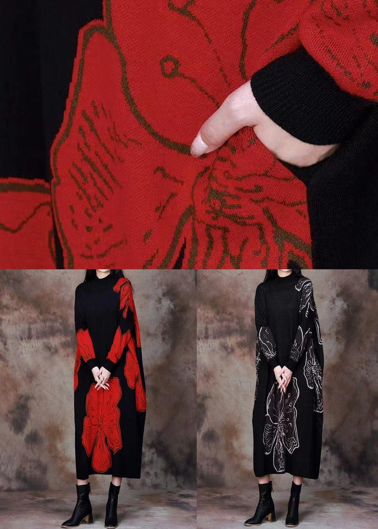 Loose Red O Neck Print Knitting Cotton Long Dresses Spring