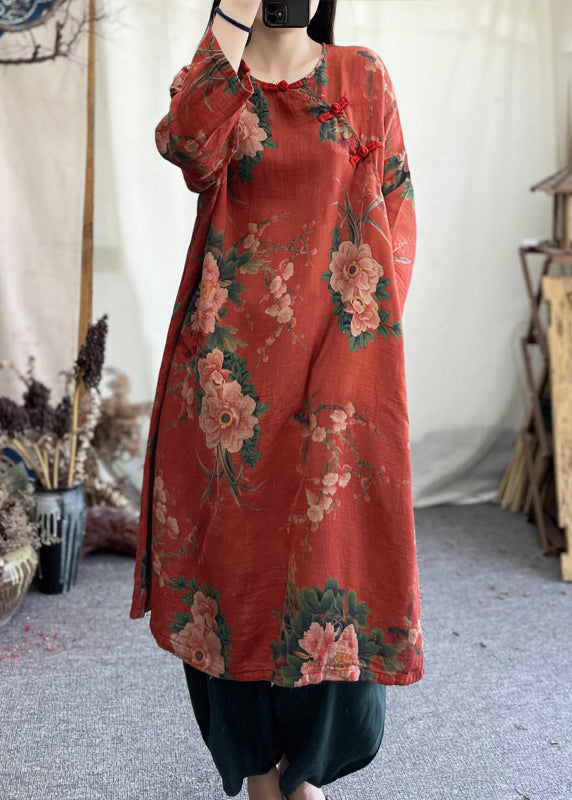 Loose Red O Neck Print Pockets Cotton Dresses Spring