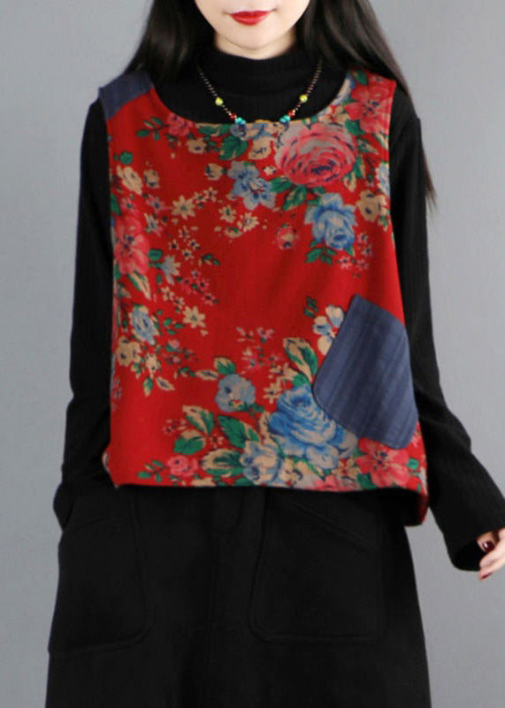 Loose Red O Neck Print Warm Fleece Waistcoat Sleeveless