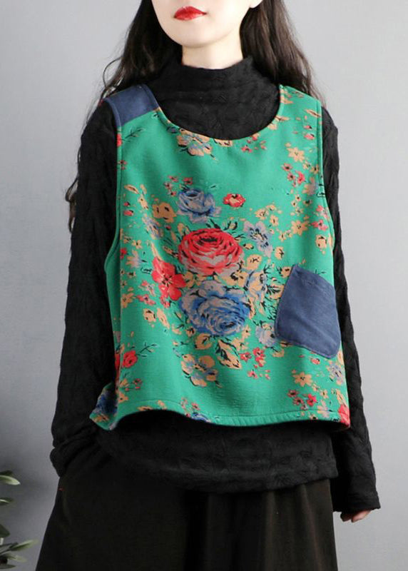 Loose Red O Neck Print Warm Fleece Waistcoat Sleeveless