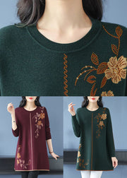 Loose Red O Neck Zircon Wool Knit Sweaters Long Sleeve