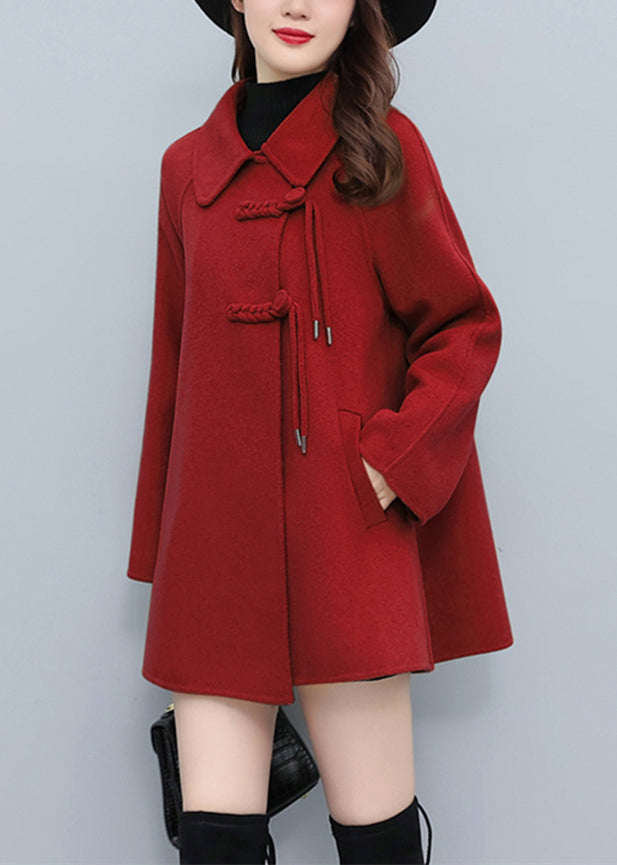 Loose Red Peter Pan Collar Button Pockets Woolen Coats Fall