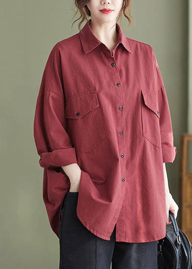 Loose Red Peter Pan Collar Patchwork Cotton Shirts Top Long Sleeve