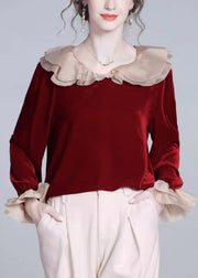 Loose Red Peter Pan Collar Patchwork Silk Velour Tops Butterfly Sleeve