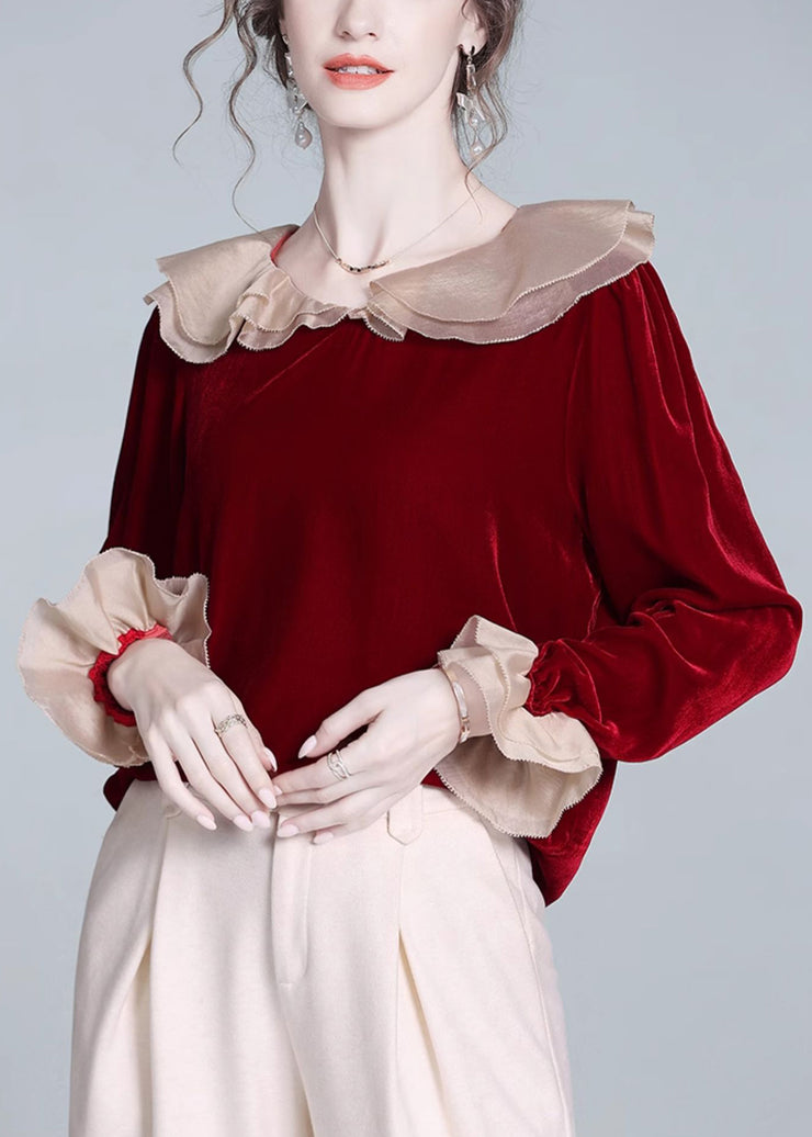 Loose Red Peter Pan Collar Patchwork Silk Velour Tops Butterfly Sleeve