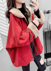 Loose Red Peter Pan Collar Zippered Warm Fleece Parka Winter