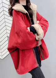 Loose Red Peter Pan Collar Zippered Warm Fleece Parka Winter