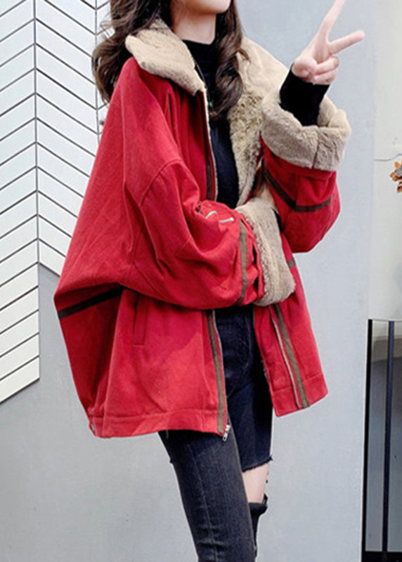 Loose Red Peter Pan Collar Zippered Warm Fleece Parka Winter