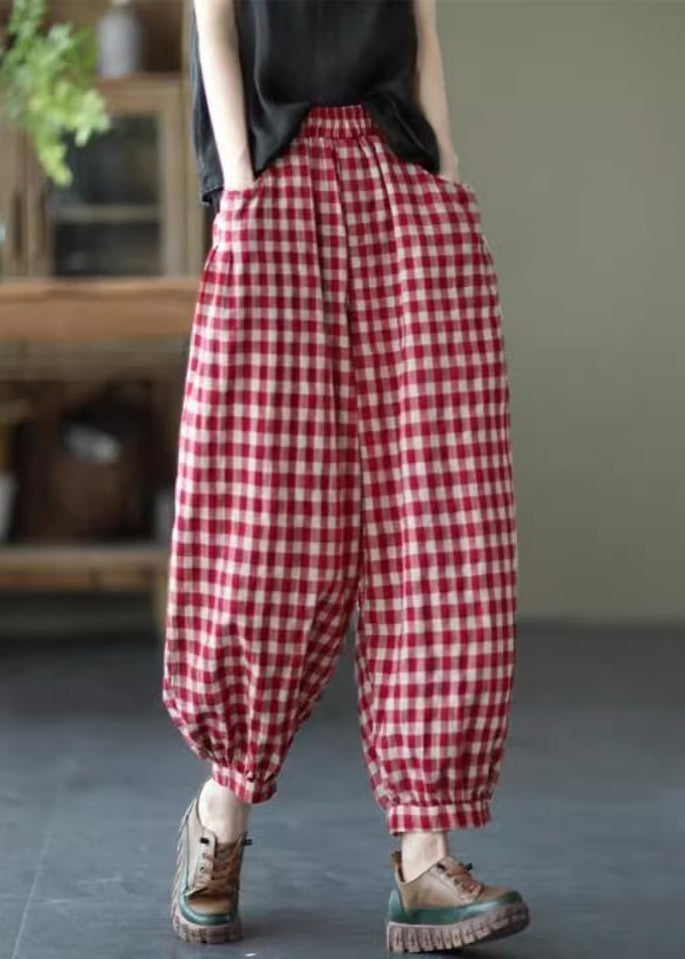 Loose Red Plaid Pockets Elastic Waist Crop Pants Summer