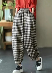 Loose Red Plaid Pockets Elastic Waist Crop Pants Summer