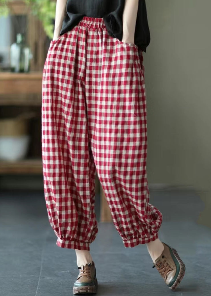 Loose Red Plaid Pockets Elastic Waist Crop Pants Summer