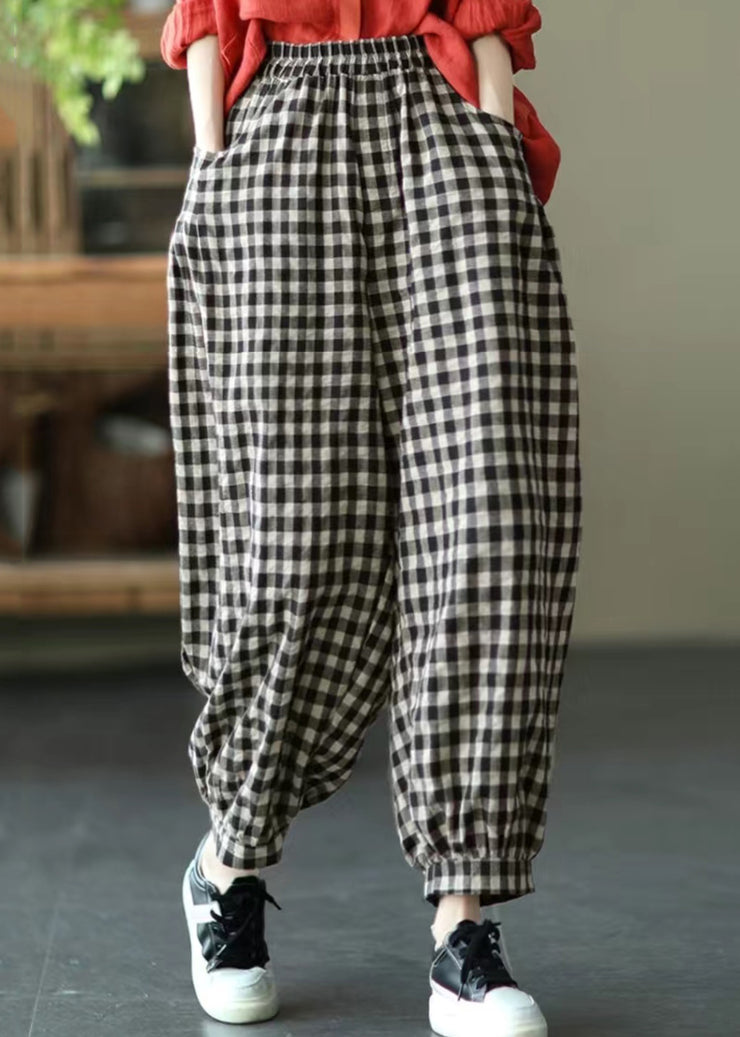 Loose Red Plaid Pockets Elastic Waist Crop Pants Summer