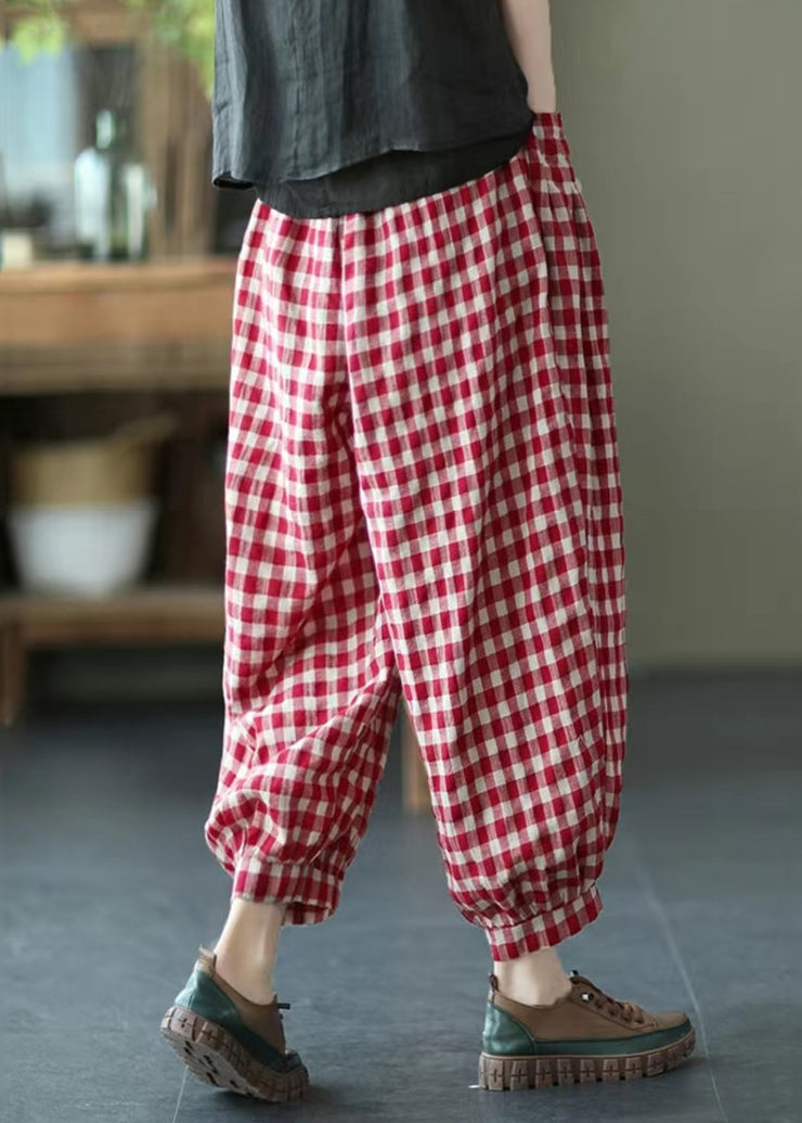 Loose Red Plaid Pockets Elastic Waist Crop Pants Summer