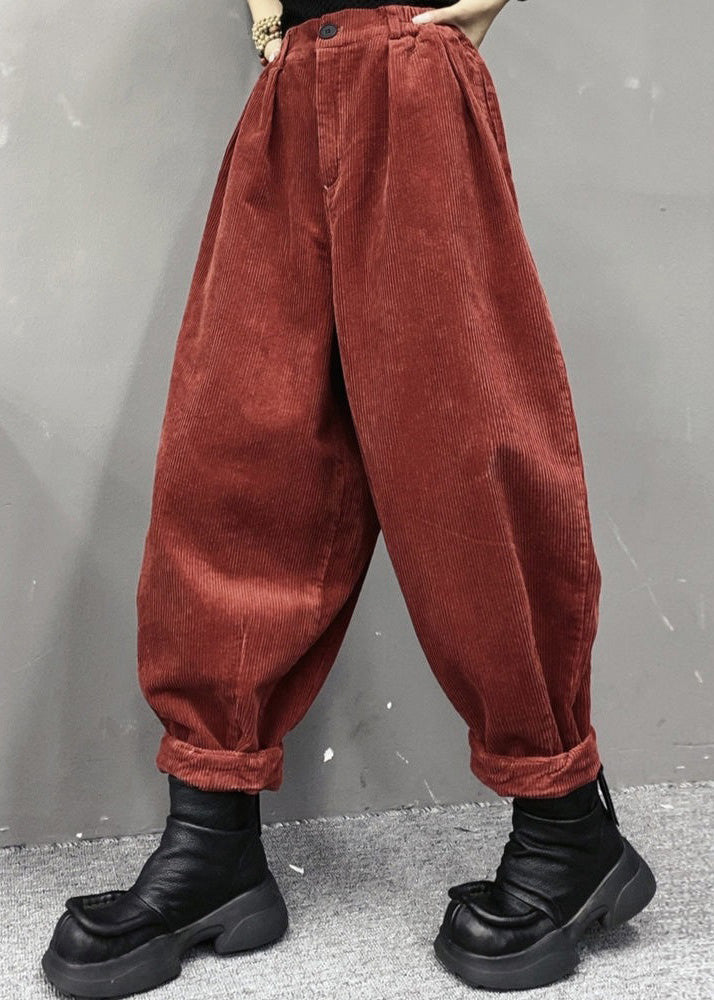 Loose Red Pockets Elastic Waist Corduroy Pants Spring