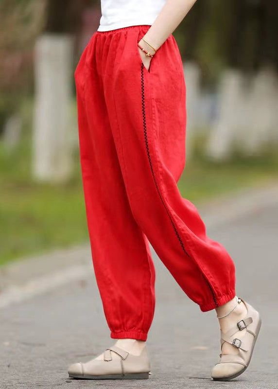 Loose Red Pockets Elastic Waist Cotton Crop Pants Summer