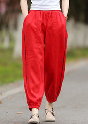 Loose Red Pockets Elastic Waist Cotton Crop Pants Summer