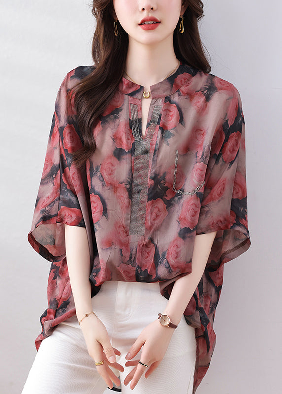 Loose Red Print Low High Design Button Silk Cotton Shirts Bracelet Sleeve