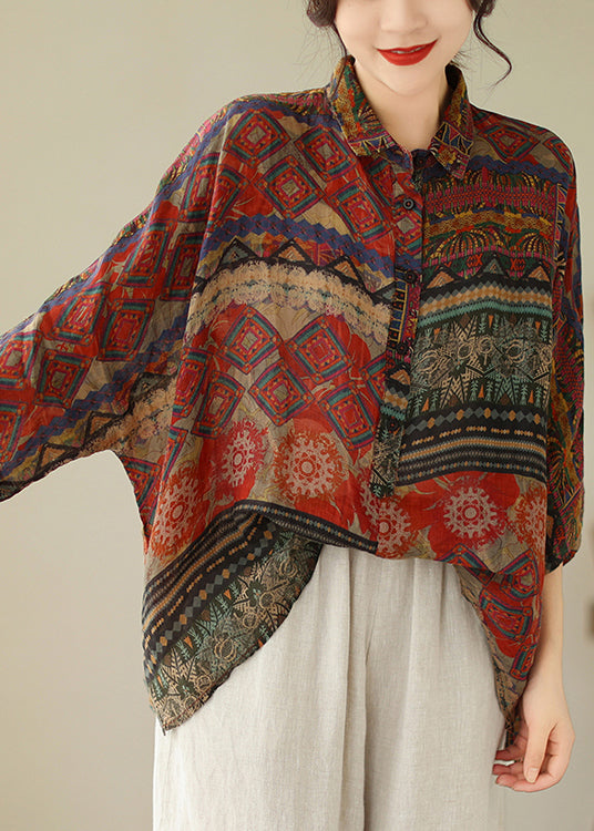 Loose Red Print Low High Design Cotton Shirts Batwing Sleeve