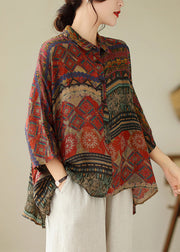 Loose Red Print Low High Design Cotton Shirts Batwing Sleeve