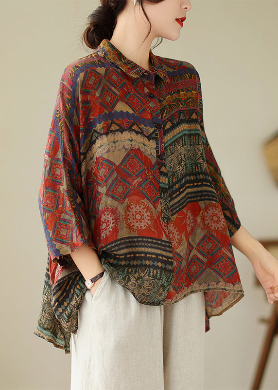 Loose Red Print Low High Design Cotton Shirts Batwing Sleeve